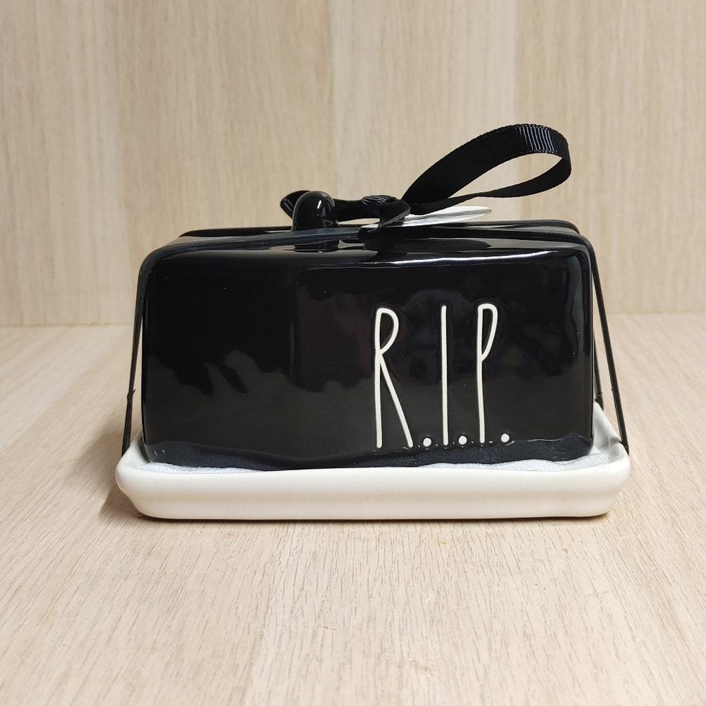 RAE DUNN Coffin Butter Dish R.I.P. Spooky Halloween Black Ceramic Kitchen Decor